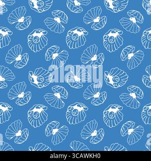 Nahtloses Schalen-Muster. Handgezeichnete Muscheln auf blauem Hintergrund. Offene Schalen mit einer herzförmigen Perle innen. Marineblaues Design. Küsten- und Strandthema. Vektorabbildung Stock Vektor