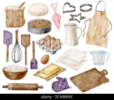 Wasserfarben Backzutaten und Utensilien Set. Handgezogenes Mehl, Schüssel, Teig, Eier, Butter, Drehstift, Schneidebrett, Konditorbürste, Ofenhandschuh Stockfoto