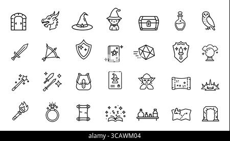 Symbole für Rollenspiele festgelegt. Sammlung von Fantasy-Adventure-Symbolen im minimalen Stil. Geeignet für Tischspiele, Videospiele und Kartendesign. Einfach Ou Stock Vektor