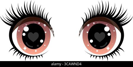 Kawaii-Augen mit langen Wimpern, funkelnden Pupillen und herzförmigen Reflexen Stock Vektor
