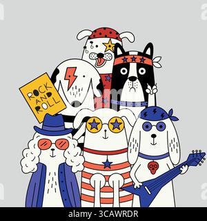 Coole Hunde als Musikband, die Gitarren spielt, Bandanas, Sonnenbrillen und lustige Accessoires trägt. Stock Vektor