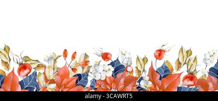 Aquarellrahmen mit Weihnachtsstern, wilder Rose und Schneebeere. Botanische Illustration. Gemüserand. Weihnachten. Festliche Einrichtung. Stockfoto