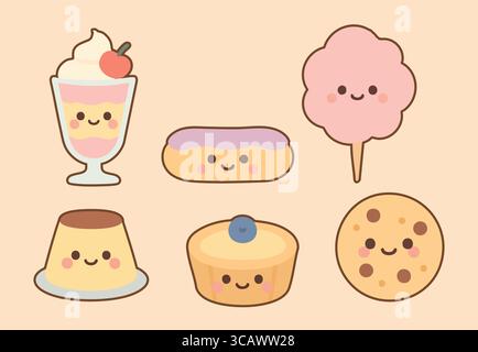 Sechs süße Dessert-Ikonen, darunter ein Fruchtparfait, Eclair, Zuckerwatte, Flan, Muffin, und Chocolate Chip Cookie. Stock Vektor