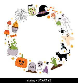 Runder Halloween-Rahmen mit gruseligen Elementen. Kürbis, Kessel, Süßigkeiten, Zombiehand, Hexenhut, Spinnen und mehr. Lustiger Cartoon Flat Style für Urlaub des Stock Vektor