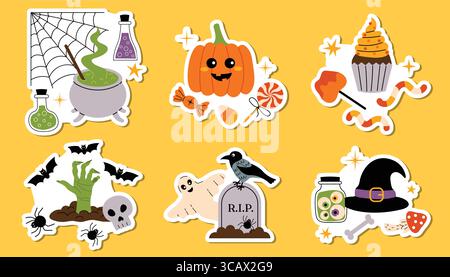 Set mit Halloween-Aufklebern mit gruseligen Stillleben. Kürbis, Kessel, Süßigkeiten, Zombiehand, Hexenhut, Spinnen, Knochen und mehr. Niedlicher, flacher Cartoon-Stil Stock Vektor