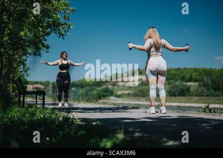 Frauen, die im Freien trainieren, nutzen die Kurzhanteln zur Gewichtsreduktion in einem malerischen Park Stockfoto