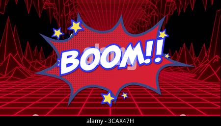 Schwimmende Comic-Explosionsblase zeigt BOOM!! Über digitalem Retro-Höhlenraster mit gelben Sternen Stockfoto