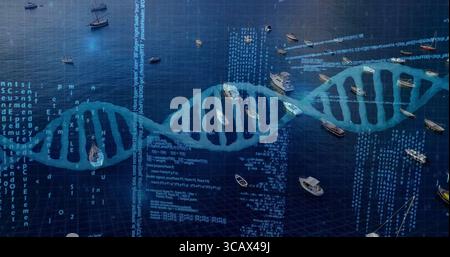 Die DNA-Doppelhelix-Grafik erstreckt sich über Hafenwasser, verankerte Boote und Code-Ströme Stockfoto
