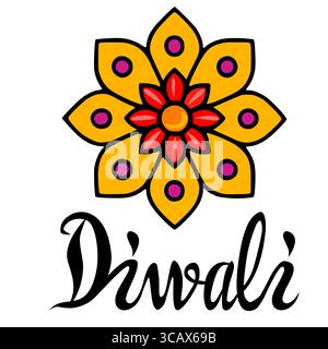 Festliche Diwali Vector Illustration Ein lebendiges, stilisiertes florales Mandala-Design in Gelb, Rot und Magenta, perfekt für festliche Karten oder Dekorationen Stock Vektor