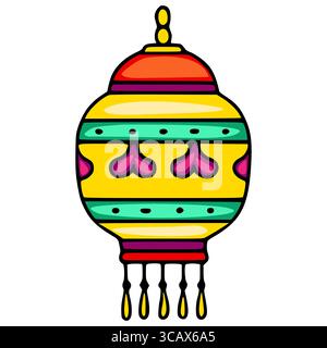Festliche Vektor-Illustration einer gelben und roten hängenden Laterne mit herzförmigen Details und Quasten, perfekt für Diwali oder andere Feiern Stock Vektor