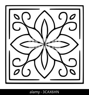 Elegantes Vektor-florales Fliesenmuster mit einer zentralen symmetrischen Blume und wirbelnden Blattmotiven, eingerahmt von einer auffälligen doppelten Borte, ideal für Designprojekte Stock Vektor