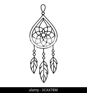 Teardropshaped Vektor Traumcatcher Illustration mit komplizierten geometrischen Blumenmuster und drei stilisierten Federn, perfekt für bohochische Designs. Stock Vektor