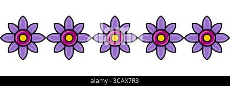 Nahtlose Vektor-Blumenrand mit stilisierten lila Blumen, mit einem leuchtenden magentafarbenen Zentrum und gelbem Kern, perfekt für Textildesign oder Dekorati Stock Vektor