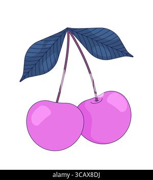 Zwei Kirschen mit Blättern und Stielen 2D-Zeichentrickobjekt Stock Vektor