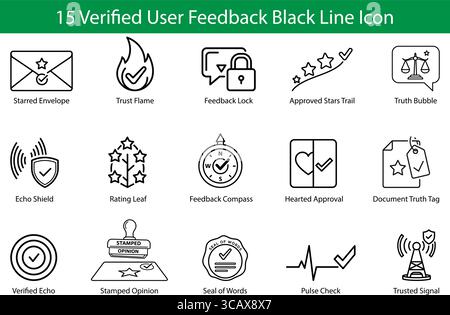Benutzerfeedback - Vertrauenszeilen - Symbolgruppe geprüft, Bewertung, Genehmigungsgruppe festgelegt Stock Vektor