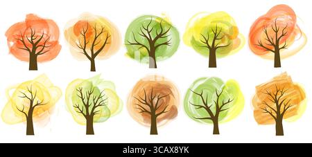 Bunte Bäume in Orange, Gelb und Grün veranschaulichen das Wesen des Herbstes. Dieses Bildmaterial erfasst den Übergang von Blättern im Herbst Stock Vektor