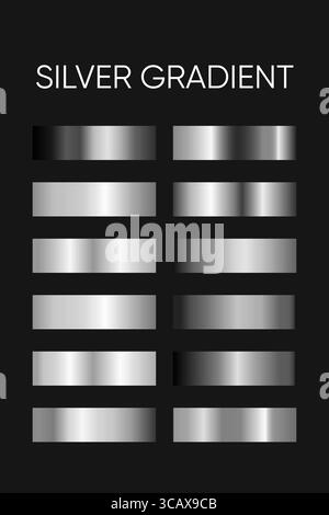 Set aus silbernen Verläufen mit Metallic- und Chromfinish, ideal für Produktmockups, UI-Design, Webgrafiken und Branding-Grafiken. Stock Vektor