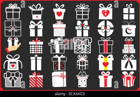 Sammlung weißer Illustrationen in Geschenkschachteln mit roten Akzenten auf einem dunkelgrauen Hintergrundmuster Stock Vektor