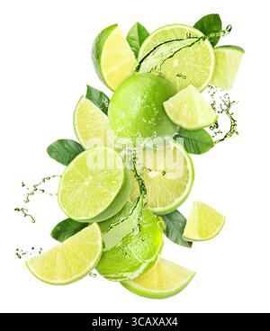 Frische Limetten und Spritzwasser in der Luft vor weißem Hintergrund Stockfoto