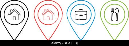 Diese Abbildung zeigt eine Reihe von Positionsmarkierungssymbolen, die jeweils verschiedene Points of Interest darstellen: Ein Zuhause, eine Aktentasche für die Arbeit. Stock Vektor