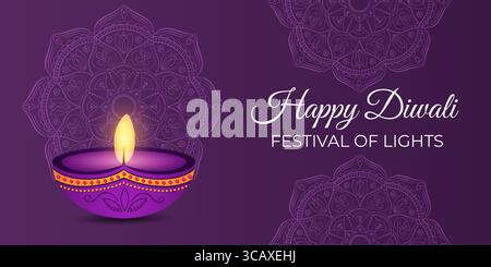 Happy Diwali. Festival of Lights. Violettes festliches Poster, Banner, Kartendesign mit Öllampe und Mandalas. Vektorabbildung. Stock Vektor