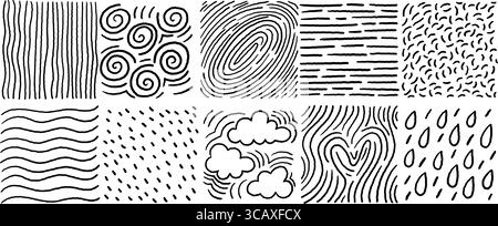 Satz kreativer Schraffurmuster, einschließlich Wolken, Tropfen, Wellen und Fingerabdrücke. Handgezeichnete quadratische schwarze und weiße Fliesen. Illustration des Aktienvektors Stock Vektor