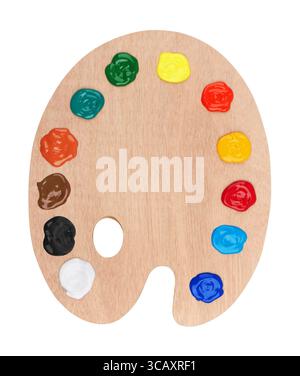 Holz Palette mit Farben, auf weißem Hintergrund Stockfoto