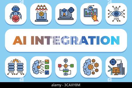 KI-Integration – Textkonzept. Shablon für Präsentationen und Infografiken. Minimale bereinigte Symbole für Apps und Websites. Stock Vektor