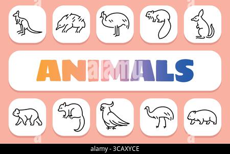 australische Tiere Textkonzept. Shablon für Präsentationen und Infografiken. Minimale bereinigte Symbole für Apps und Websites. Stock Vektor