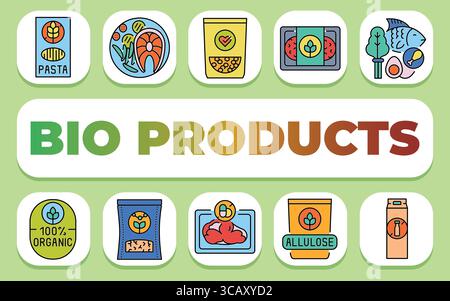 Textkonzept für Bio-Produkte. Shablon für Präsentationen und Infografiken. Minimale bereinigte Symbole für Apps und Websites. Stock Vektor