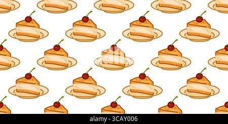 Nahtloses Cartoon Cake Slice Muster. Kuchenscheiben mit Sahne und Kirsche im Cartoon Flat Style. Nahtloses Dessertmuster auf weißem Hintergrund. Stock Vektor