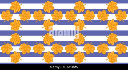Nahtloses Ahornblatt-Design. Nahtloses Muster mit gelben Ahornblättern, die in Reihen auf einem gestreiften blau-weißen Hintergrund angeordnet sind. Flat Co Stock Vektor