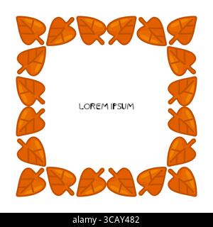 Rahmen Mit Orangefarbenem Blattrand Im Herbst. Quadratischer Zeichentrickrahmen aus hellorangefarbenen Herbstblättern. Dekoratives Rahmendesign auf weißem Hintergrund mit zentriertem Druck Stock Vektor