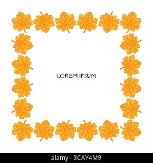 Gelber Rahmen Für Ahornblatt. Gelbe Ahornblätter in Zeichentrickfarben in einem quadratischen dekorativen Rahmen. Herbstblattrand auf weißem Hintergrund mit Co Stock Vektor