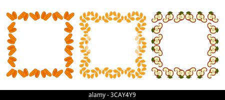 Dekoratives Rahmenset Für Herbstliche Cartoons. Sammlung von drei quadratischen Herbstrahmen mit Blättern im Cartoon-Stil und Apfelscheiben. Helle jahreszeitliche Grenzen durchziehen Stock Vektor