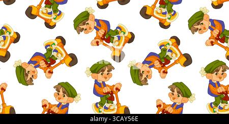 Nahtloses Autumn Boy Roller Muster. Lustiges Zeichentrickmuster mit einem Jungen in saisonaler Kleidung, der auf einem Roller fährt. Dynamisches und verspieltes Wiederholungsdesign auf weißem B Stock Vektor
