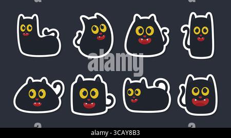 Sammlung von niedlichen schwarzen Katzenaufklebern mit gelben Augen und verschiedenen niedlichen Formen. ClipArt-Illustrationspakete mit schwarzer Katze Stock Vektor