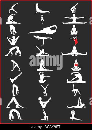 Kollektion von weißen Yoga-Inszenierungen auf schwarzem Hintergrund mit rotem Rahmen Stock Vektor