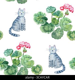 Graue Tabby-Katzen, grüne Geranienblätter und rosa Blumen nahtloses Muster auf weißem Hintergrund. Zartes und verspieltes Material Stockfoto