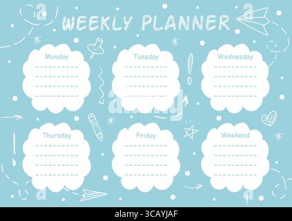 Ein Wochenplaner mit Schulillustrationen im Doodle-Stil und Platz für Text. Zurück zur Schule. Eine Vorlage für Notizen, Klassenpläne, Aufgabenlisten und Terminkalender. Bürobedarf. Stock Vektor