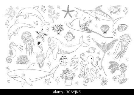 Set mit handgezeichneten SEA LIFE-Elementen. Vektorkontur Set von Meeresobjekten. Wunderschöne Unterwasserwelt im Linienstil. Fische, Haie, Quallen, Tintenfische, Stock Vektor
