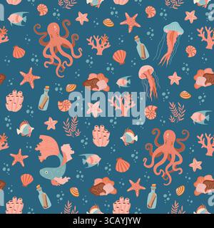 Nahtloses Muster mit Tintenfisch, Fisch, Quallen und Muscheln auf blauem Hintergrund. Unterwasserwelt-Vektor-Ornament. SEA LIFE Sommer Illustration. Stock Vektor