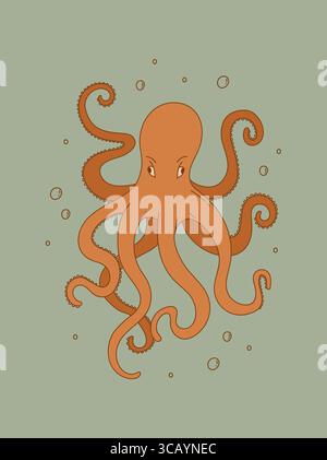 Handgezeichnetes Oktopus-Vintage-Poster. Vektorillustration von Meerestieren. Kraken-Muster im Retro-Stil Stock Vektor