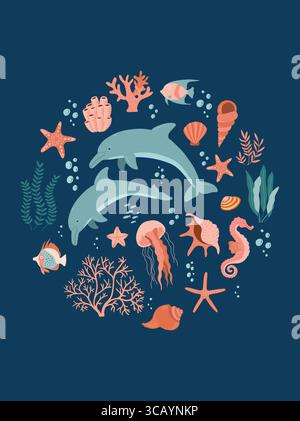 Set mit handgezeichneten Delfinen und Meereslebeelementen. Wunderschöne Unterwasserwelt in flachem Stil. Vektorsatz von Meeresobjekten, Sommerdruck Stock Vektor