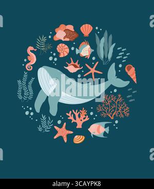 Poster zum Weltmeertag. Set mit handgezeichneten Walen und Meereslebeelementen. Wunderschöne Unterwasserwelt in flachem Stil. Stock Vektor