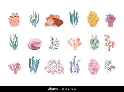 Trendiges Korallenriff und Pflanzen Vektorset. Unterwasserflora flache Symbole. Aquariumalgen, Laminaria, Seetang Wasserleben isoliert auf weißem Hintergrund. Stock Vektor