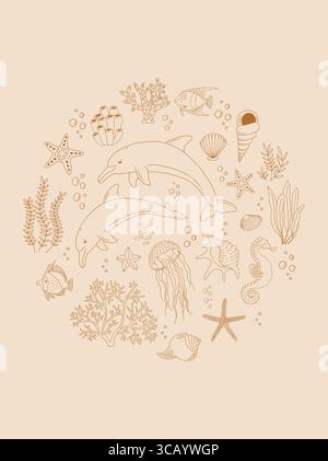 Vektorset mit Delfinen und Meereslebeelementen im Linienstil. Wunderschönes Unterwassertier-Vintage-Poster. Sommerdruck im Retro-Look. Fische, Quallen, Muscheln Stock Vektor