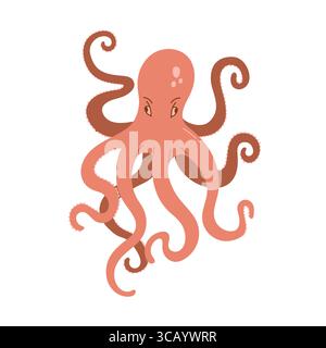 Handgezeichneter Tintenfisch isoliert auf weißem Hintergrund. Vektorillustration von Meerestier. Cartoon Kraken Clipart, Print Stock Vektor