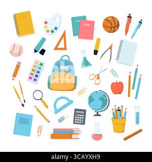 Zurück zur Schulzubehör-Sammlung. Set aus farbigen Schreibwaren, Rucksack, Lehrbüchern, Notizbüchern, Sportgeräten, Zeichnung, Chemikalienkolben. Flaches Cartoo Stock Vektor
