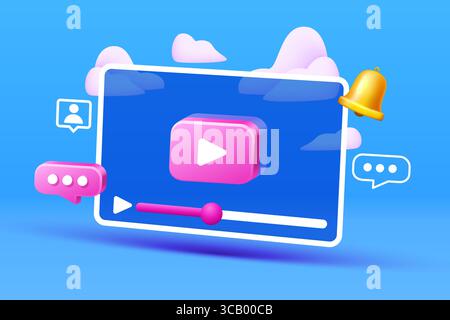 Landing-Page-Laptop-Video-Player, Website-Bannernachricht. Vektor Stock Vektor